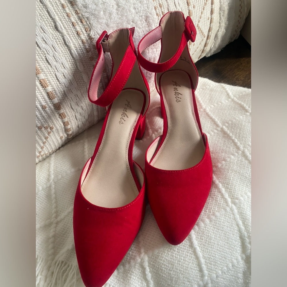 Red Women's Ankle Strap with Block Heel - Picture 5 of 5